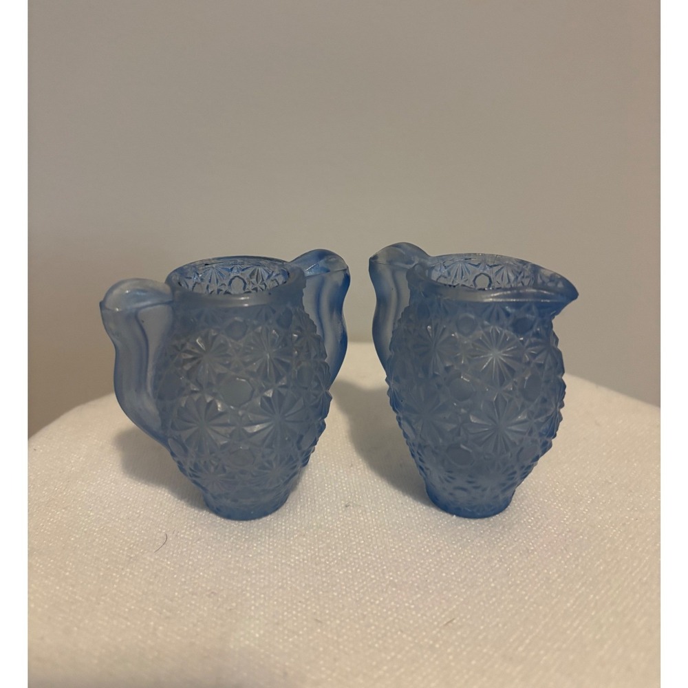 Vintage Blue Frosted Satin Glass Miniature Cream and Sugar Set Starburst Daisy